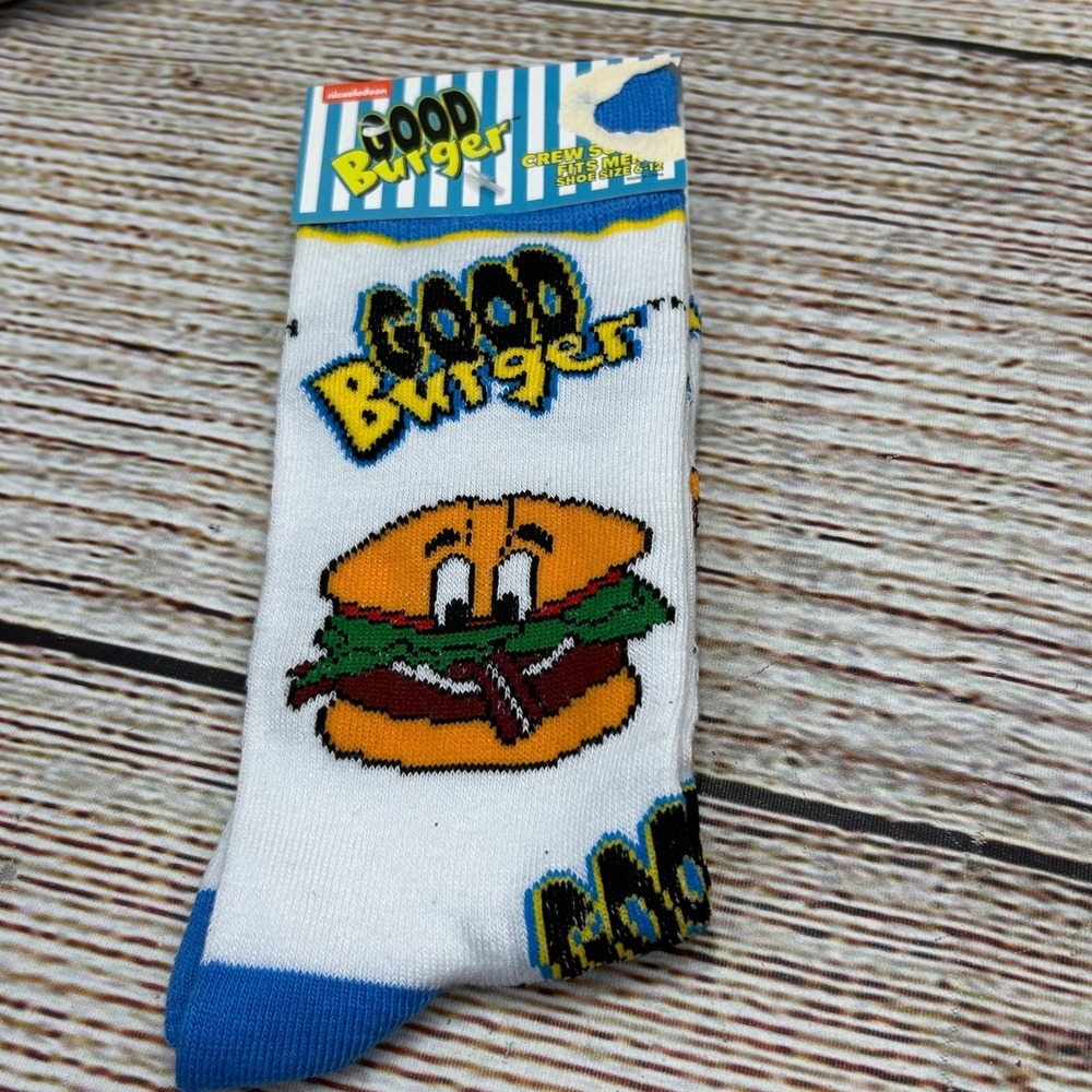 Nickelodeon Good Burger Mens Crew‎ Socks White Blue Shoe Size 6-12 NEW